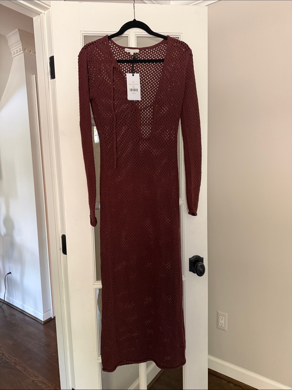 Onia Open-Knit Long Sleeve Midi Dress in brown swim cover up
